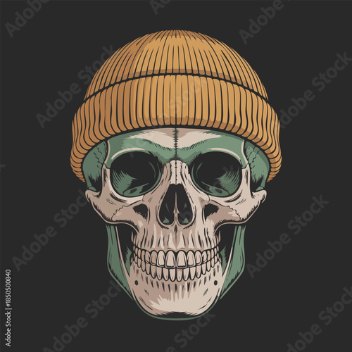 Stylized Skull Wearing Beanie Hat and Sunglasses.
