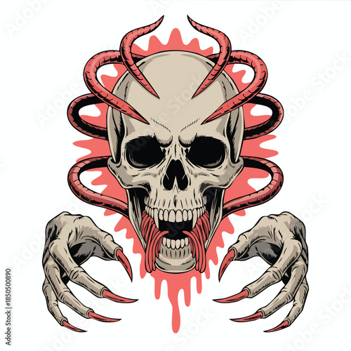 Monstrous skull with curling pink tentacles illustration.