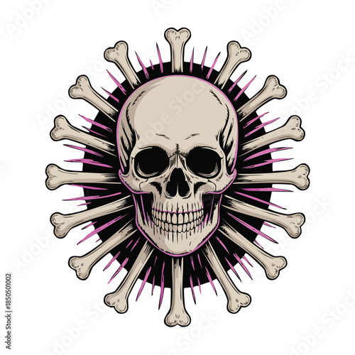 Skull with radiating bone sunburst emblem illustration.