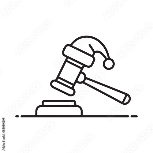A unique line art illustration of a judge's gavel adorned with a festive santa hat