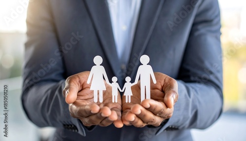 Close-up of dark skin person's open hands holding paper cut-out figures of a family. The individual wears a suit
