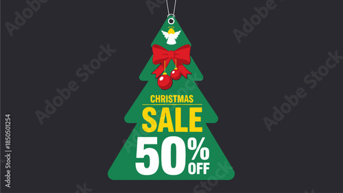 Christmas sale advertisement featuring a green tree with red bow and discount offer