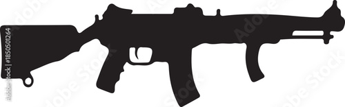 Black silhouette of a tactical assault rifle with a curved magazine and stock firearm