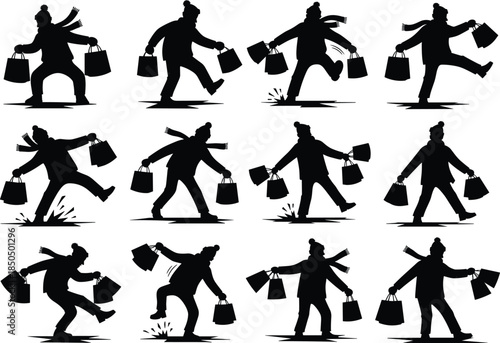 Set of Black Silhouettes of People Slipping and Falling While Carrying Shopping Bags, Representing Winter Accidents, Holiday Rush, Icy Hazards, and Sales Frenzy Vector