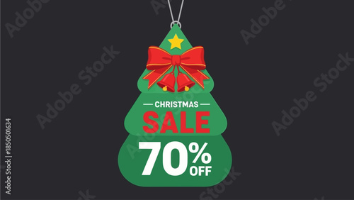 A Christmas tree shaped promotional label with 70 percent off sale sign hanging against a dark background