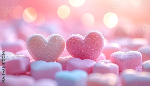 Close-up of heart-shaped candies in various shades of pink. Soft focus with bokeh background enhances the romantic, celebratory theme