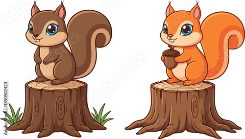 Two Cute Cartoon Squirrels on Tree Stumps: Brown and Orange Forest Animals, One Holding an Acorn, Adorable Wildlife Vector Illustration.