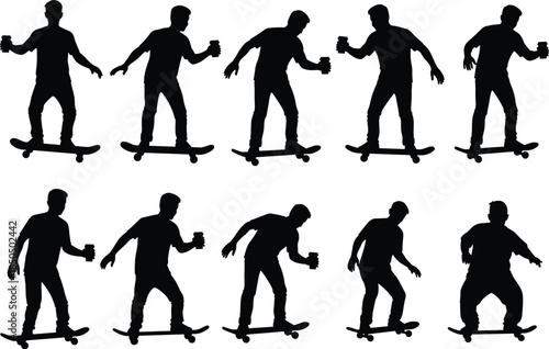 Set of Skateboarder Silhouettes Riding Skateboards and Holding a Drink Can, Representing Youth Culture, Extreme Sports, Urban Lifestyle, and Street Recreation Vector Collection