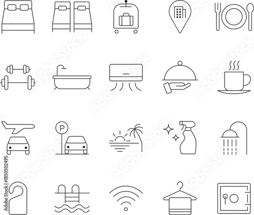 Hotel Services Line Icons Set – Editable Stroke Hospitality Amenities Collection