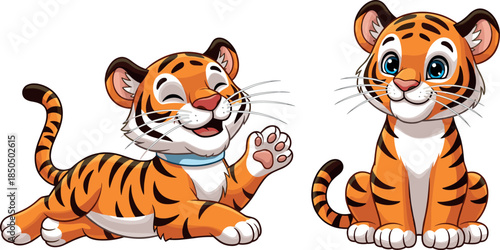 Two Cute Cartoon Tiger Cubs Posing and Smiling, One Lying Down and One Sitting, Adorable Wild Animal Characters Vector Illustration.