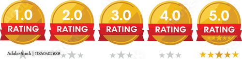 Set of gold rating badges with red ribbons showing scores from one to five for customer feedback vector illustration isolated on white