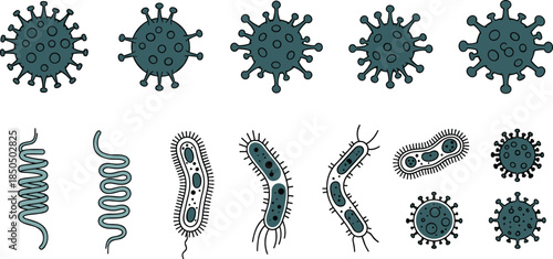Set of Hand-Drawn Virus and Bacteria Cells Icons, Various Pathogen Microorganism Shapes, Germs, Microbes, and Disease-Causing Agents Vector Illustration for Biology and Medicine.