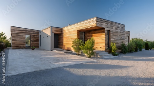 Modern wooden house with minimalist design and natural light.