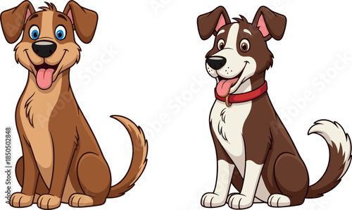 Two Happy Cartoon Dogs Sitting and Smiling, Friendly Brown Pet Animals with Collars, Companion and Domestic Animal Vector Illustration.