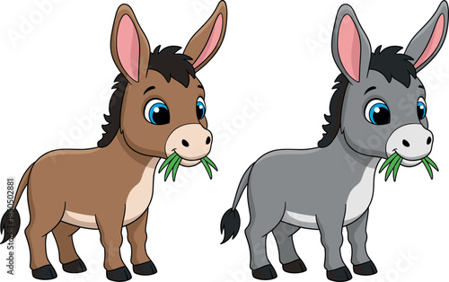 Two Happy Cartoon Donkey Colts: Brown and Grey Farm Animals Eating Green Grass, Adorable Equine Characters Vector Illustration.
