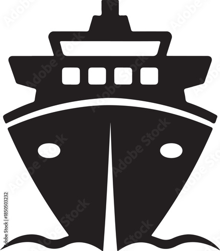Black and white abstract ship silhouette with windows and a chimney