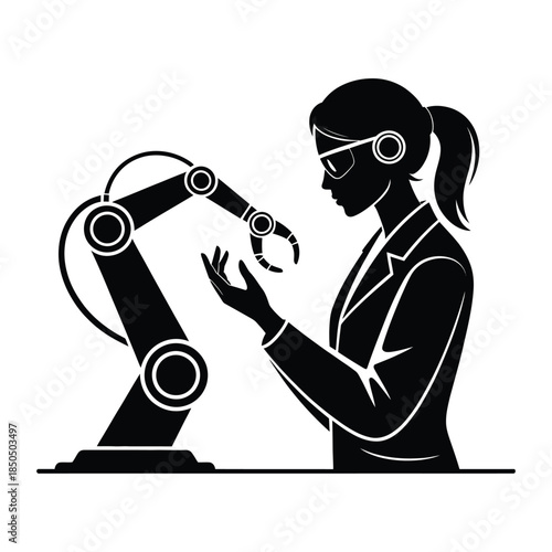 Female engineer or scientist working with robotic arm in laboratory research and development of artificial intelligence industrial automation vector illustration