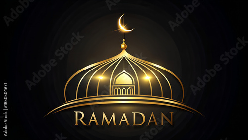 Golden dome of mosque with crescent moon and lights on dark background