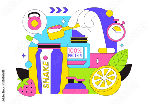 Protein Supplements Vector Illustration Featuring Healthy Food, Protein Powders, Fitness Workouts Supporting Nutrition And Body Vitamins