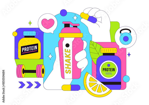 Protein Supplements Vector Illustration Featuring Healthy Food, Protein Powders, Fitness Workouts Supporting Nutrition And Body Vitamins