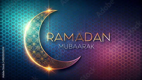 Ramadan mubaarak glowing crescent moon with islamic patterns and abstract background