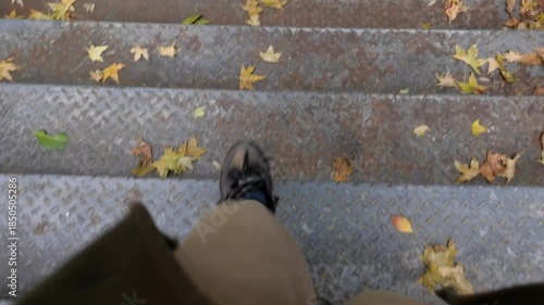 Top-Down View: Person Descending Stairs,POV top view leg in brown pants and sneakers under the stairs