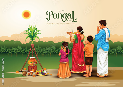 Tamil Nadu festival Happy Pongal with Pongal props, holiday Background, pongal celebration greeting card, vector illustration design.