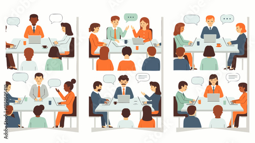 Diverse group of professionals collaborating in modern meeting rooms, discussing ideas and strategies