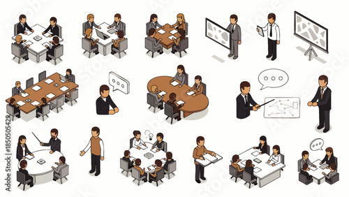 Isometric business meeting icons: diverse teams collaborating around tables and presenting ideas