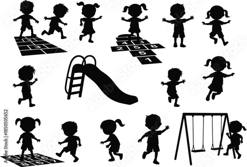 Set of Black Children Silhouettes Playing Outdoors, Including Kids on a Slide, Swings, and Hopping on Hopscotch Courts, Vector Collection of Playground Activities