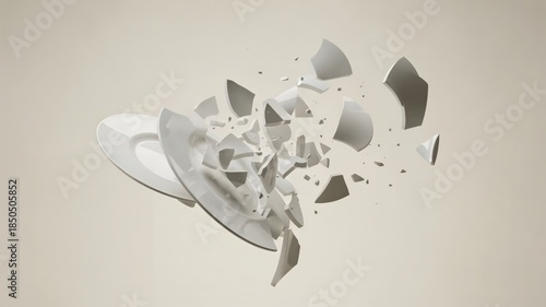 Exploded View of Broken White Ceramic Plate with Fragments Captured in Mid-Air