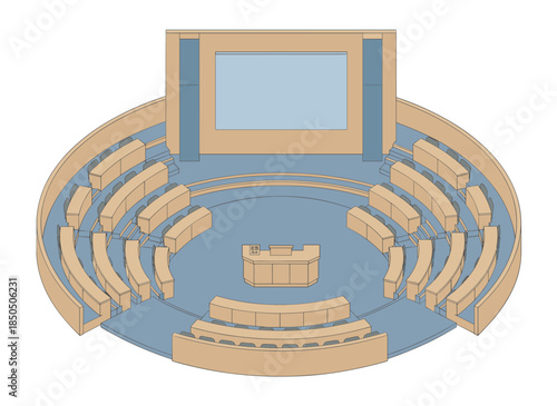 Modern auditorium seating arrangement with stage and screen