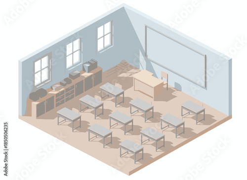 Modern classroom interior with desks and educational tools