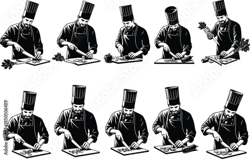 Collection of Chef Silhouettes in Toques and Aprons Chopping and Preparing Vegetables, Representing Professional Cooking, Culinary Arts, Food Preparation, and Kitchen Work Vector