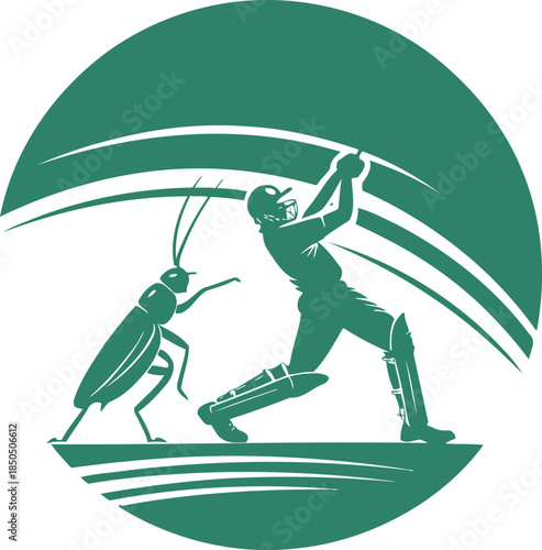 Cricket player batting against a large insect in a circular design grasshopper msea