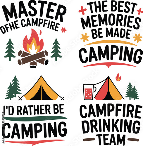 Camping outdoor adventure memories campfire drinking lover believer color vector