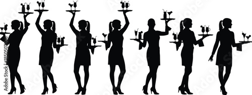 Diverse collection of waitresses and servers silhouettes holding trays with various cocktails, drinks, and glasses; professional restaurant and bar staff vector illustration set, isolated on white