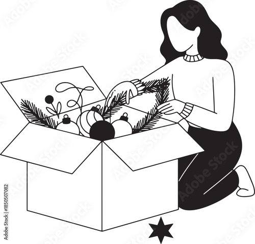 Hand drawn line art of girl unpacking christmas decorations from cardboard box