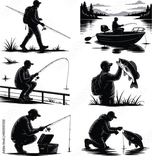 Illustrations for fishing fans anglers sport recreation hobby nature outdoors adventure