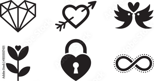 Love symbols monochrome heart, birds vector graphic art transparent background