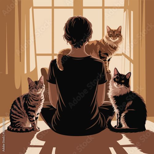 Person sitting with three cats looking out window in warm sepia tones