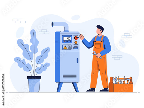A male electrician is repairing a broken machine, vector illustration