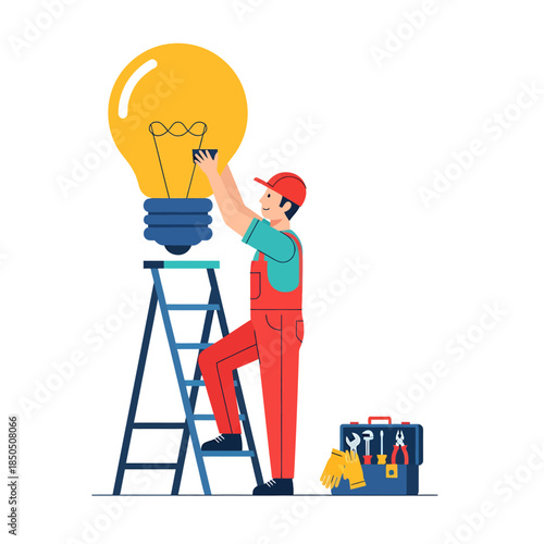 A male electrician is replacing a light bulb, vector illustration