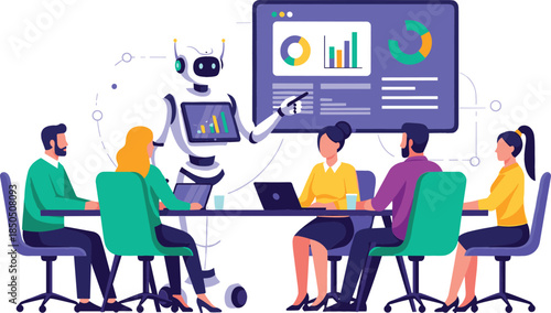 Professional Business Team in a Meeting with a Humanoid Robot Presenting Data Analytics and Charts on a Large Screen, Representing AI Integration in the Workplace.