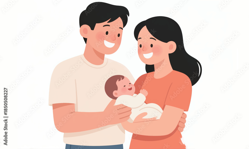 Obraz premium Father and Mother with Cute Baby Illustrator Artwork Banner Background Design Template 
