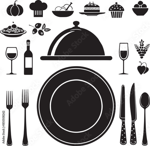 Black silhouette icons of food drinks and dining utensils on white background cutlery msea