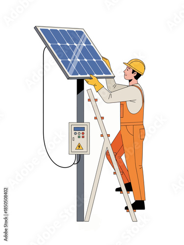 An electrician is repairing a solar panel, vector illustration