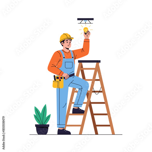 A male electrician is replacing a light bulb, vector illustration