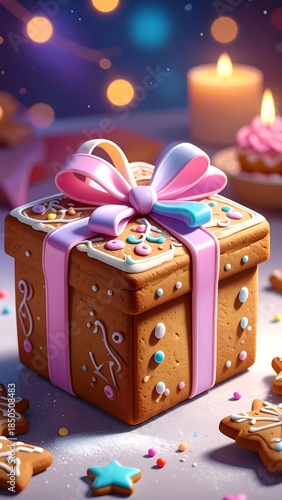 Gingerbread box with pink ribbon sitting amidst other cookies, candles and bright bokeh lights