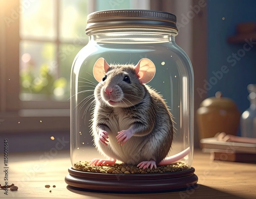 Rat inside a glass jar looking directly at the camera with a blurred background